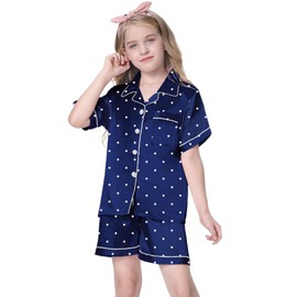 Schbbbta - Pijama de satén para mujer, 2 piezas, ropa de dormir de seda, para niños, regalo para mamá y yo, Lunares azul marino, 9-10 Años