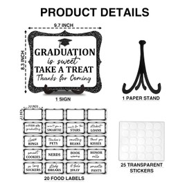 20PCS Candy Buffet Labels, 1 Black Glitter Graduation Table Sign With Stand, Catering Supplies Display for Class of 2025 Decorations -A02