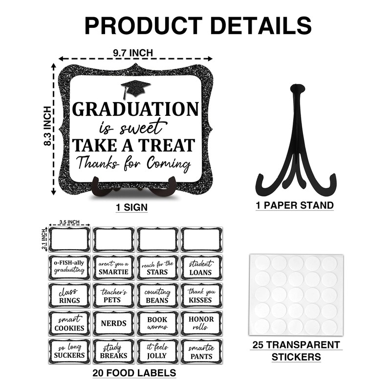 20PCS Candy Buffet Labels, 1 Black Glitter Graduation Table Sign