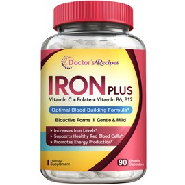 Doctor's Recipes Iron Supplement for Women Men - Gentle Iron Bisglycinate with Vitamin C, B6, Folate & B12 - Non-Constipating & Stomach Friendly Iron Pills for Blood & Energy Support, 90 Vegan Caps