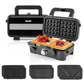 CHEFJOY 3 in 1 Sandwich Maker, 1082W Waffle Maker with Removable Plates, Sandwich Press with 5-Gear Temperature Control, Indicator Lights, Cool Touch Handle, Panini Press Grill for Breakfast