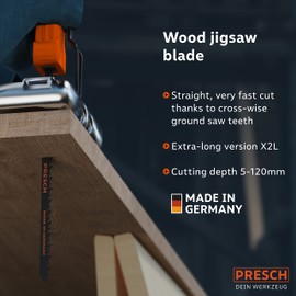 Presch Jigsaw blades Wood 10 pcs. (Fast, straight, extra long) - Rapid, straight cut (5-120mm) - Durable T-shank blades for all jigsaws - Long jigsaw blades for wood for chipboard, softwood and more