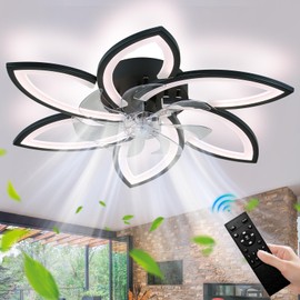 Cainjiazh Ceiling Fan with Lights and Remote Control Low Profile Ceiling Fan with Lights Modern Dimmable Flower Shape 29.1" Black, 6 Speeds 3 Light Color Flush Mount Fandelier for Kitchen Bedroom