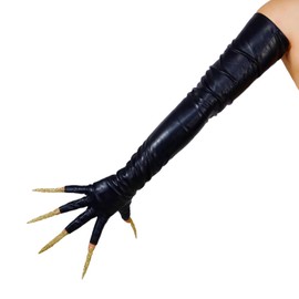 DooWay Black Fingerless Long Gloves Women Shiny Wet Look Opera Leather Gloves 28" Shoulder Length Open Fingertip