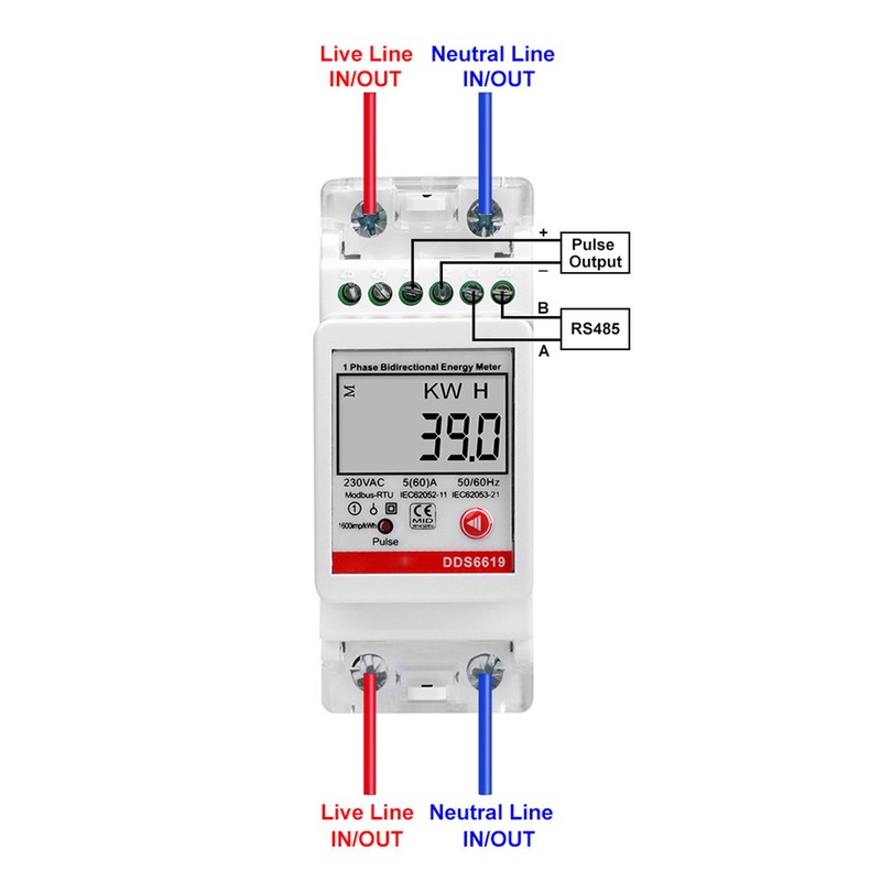 Single Phase Energy Meter Bidirectional Metering 2P DIN Rail Mount