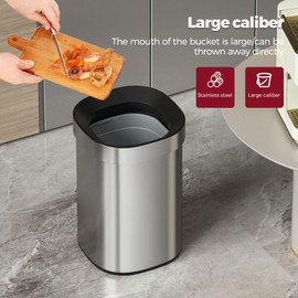 LEASYLIFE 15L/4Gal Stainless Steel Trash Can Without Lid,Open Top Garbage Can for Bathroom,Silver Trash Can for Bedroom,Living Room,Hotel,Office (4GAL)