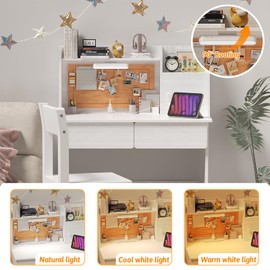 SFDOU Kids Study Desk with 3-Color Lights, White Desk and Chair Set for 5-12 Year Old, Kids Study Table with Charging Station, Study Table with Drawers and Storage Shelf-XD40