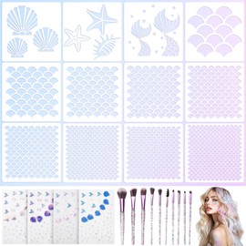 codree 26 Pcs Mermaid Scale Stencil Set, Mermaid Face Makeup Templates, Shell Starfish Fish Scale Stencils Mermaids Sticker Makeup Brushes for Women Girls Face Painting Wall Accessories
