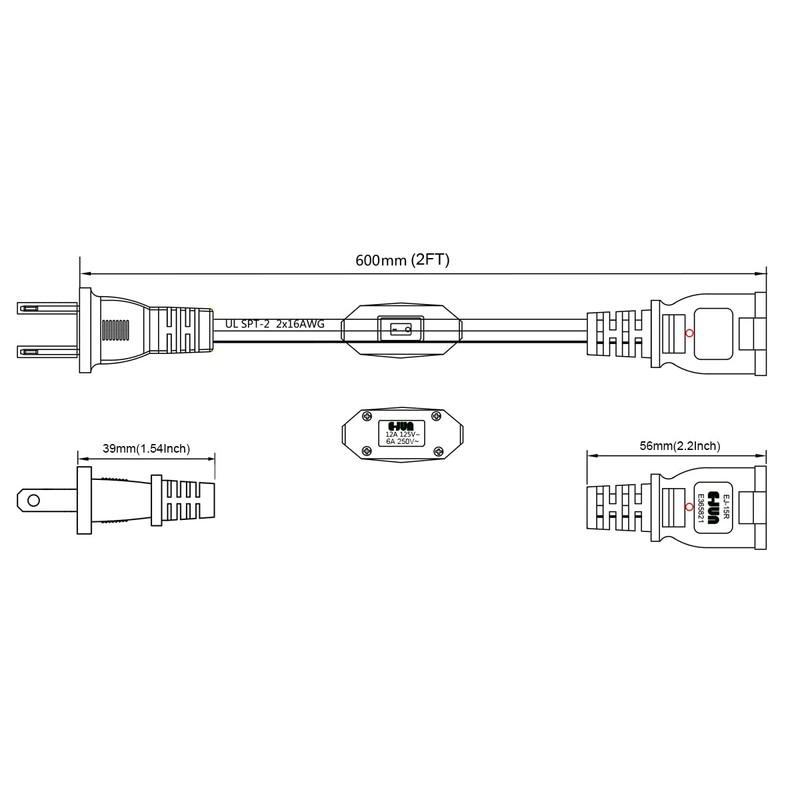 VSEER 2 Prong Polarized Plug Extension Cord with On Off