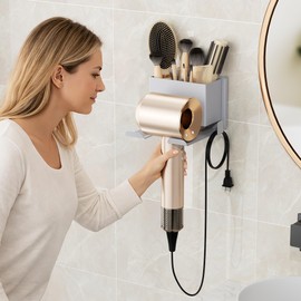 BOIVSHI Hair Dryer Holder Wall Mounted - Metal Hair Dryer Holder for Bathroom, Heavy Duty Blow Dryer Holder for Salon & Home, Self Adhesive or Screw Installation, Gray