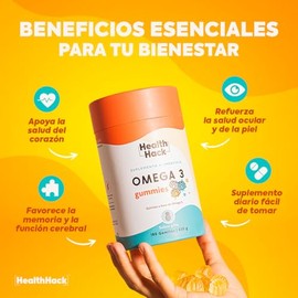 Gomitas de Omega 3 de Salmón sabor Piña | 180 gomitas enriquecidas con DHA + EPA, con Ingredientes Naturales, Sin Azúcar, Ni Colorantes Artificiales | Health Hack - Omega 3 1000mg por porción