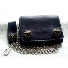 Biker Leather Wallet Leather Bad Skull Brass Colour Black with Chain and Loop, black, Skull modern