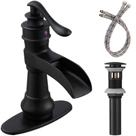 Black Bathroom Faucet Sink Waterfall Bath Faucets Single Handle Single Hole Deck Mounted Farmhouse Antique Commercial Matching Pop up Drain Stopper for Sink Supply Lines Hose Lead-Free by Bathfinesse