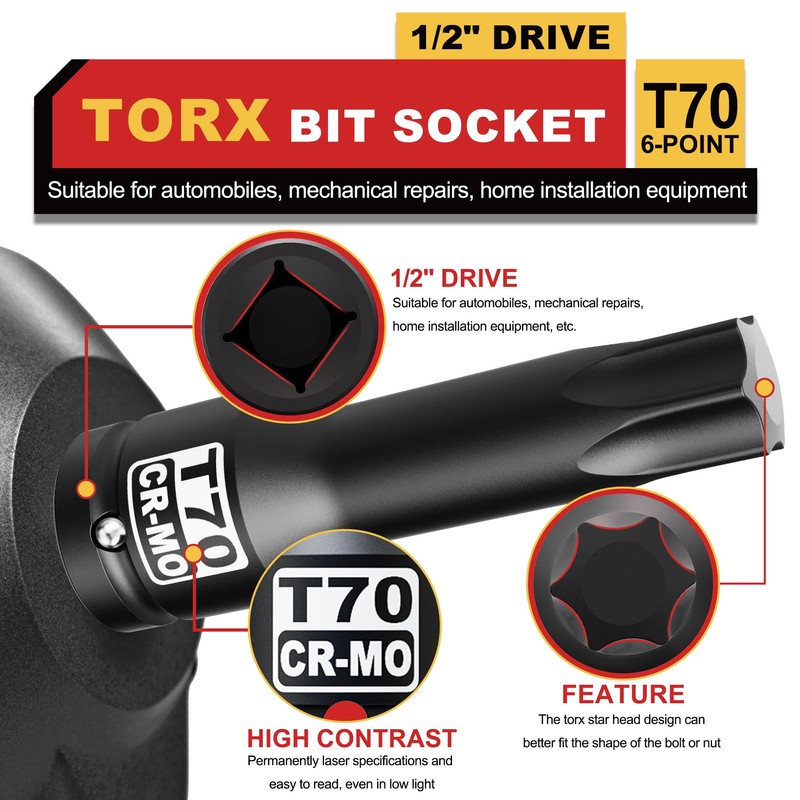 KIRXST 1/2" Drive T70 Torx Bit Socket, 6 Point Star