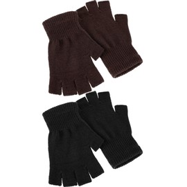 SATINIOR 2 Pair Unisex Half Finger Gloves Winter Stretchy Knit Fingerless Gloves in Common Size (Brown and Black)