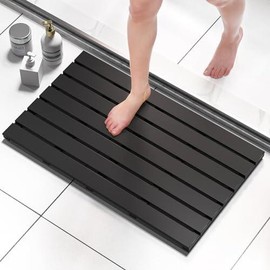 Bath Mat - Non Slip Waterproof Wooden Shower Floor for Bathroom  Sauna Spa Outdoor Use (Natural 21.26 x 14.17 1.3 Inch) - Color: Black, Size: 21.3" x 14.2" (Rectangular)