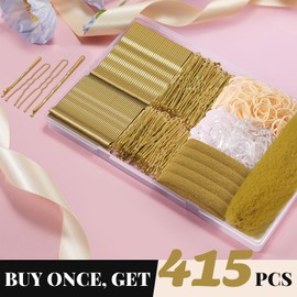IKOCO Set De 415 Horquillas Para El Cabello, 200 Horquillas En Forma De U Y Ligas Elásticas Para El Cabello Con Redecilla, Color Dorado