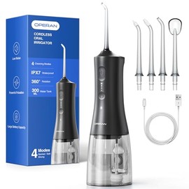 Operan Wireless Oral Irrigator, Portable Electric Dental Irrigator, 300 ml Oral Irrigator, Oral Irrigator, Test Winner for Removes Food Leftovers and Cleans Teeth, Matte Black, 1 Pack + 4 Modes and 4
