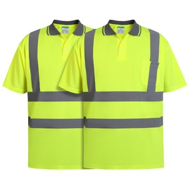 SHORFUNE 2 Pack High Visibility Safety Polo Shirts Short Sleeve, Hi Vis Reflective Construction Work Shirts with Reflective Strips and Front Pocket, ANSI/ISEA Class 2 Compliant, Yellow, M
