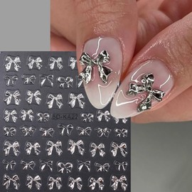 4Pcs Bow Nail Art Stickers with Charms Metallic Nail Decals 5D Embossed Bow Stickers for Nails Fashion Cute Bow Gold Silver Nail Design Bow Knot Nail Adhesive Decal French Manicure for Wedding