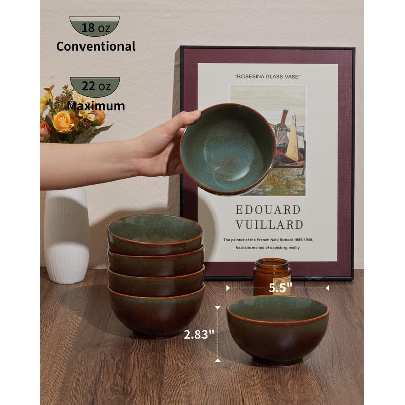 Pokini Stoneware Cereal Bowls Set of 6, 22 Oz Soup