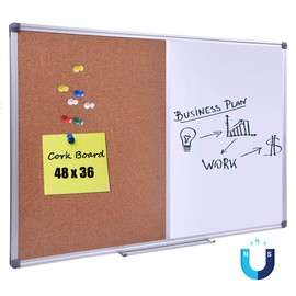 DexBoard 48 x 36 Inch Magnetic Dry Erase Cork Bulletin Combo Board, Wall Mounted Whiteboard & Corkboard Combination Board with Aluminum Frame