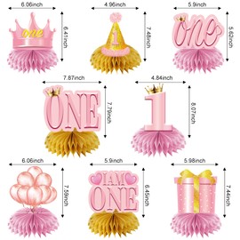 8Pcs 1st Birthday Decorations Honeycomb Centerpieces for Girls, Pink I Am One Happy First Birthday Table Centerpieces Party Supplies, One Year Old Bday Theme Table Toppers Decor for Indoor Outdoor