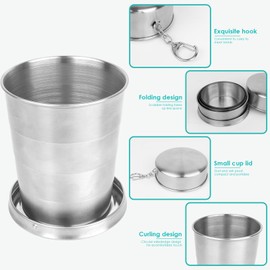 ChiiGe Collapsible Stainless Steel Cup, Stainless Steel Collapsible Cup, Portable 250ml Stainless Steel Teacup, Outdoor Collapsible Cup with Metal Keychain for Travel, Camping, Picnic (3PCS)