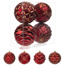 Oairse 4"/10cm Large Christmas Balls Ornaments Shatterproof Big Red Christmas Baubles Ornaments for Christmas Tree 4 Pcs Red Christmas Tree Ornaments for Xmas Trees Holiday Wedding Party Decoration