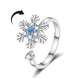 Elegant Flower Fidget Spinner Ring for Women Stress Relieving Cubic Zirconia Snowflake Charm Blue Crystal Open Adjustable Stacking Finger Rings Jewelry Gift Mom Birthday Valentine's Day Comfort Fit