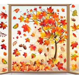 Whaline 6 Sheets Fall Maple Leaves Window Clings Thanksgiving Watercolor Maple Tree Orange-Brown Leaves Pumpkins Decals Double-Sided Glass Window Stickers for Autumn Harvest Home School Party Supplies