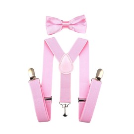 SUNTRADE Kids Clip-on Suspenders Elastic Y-Shape Adjustable with Clips and Bow Tie Set for Child Boys and Girls Party Dress (Pink)