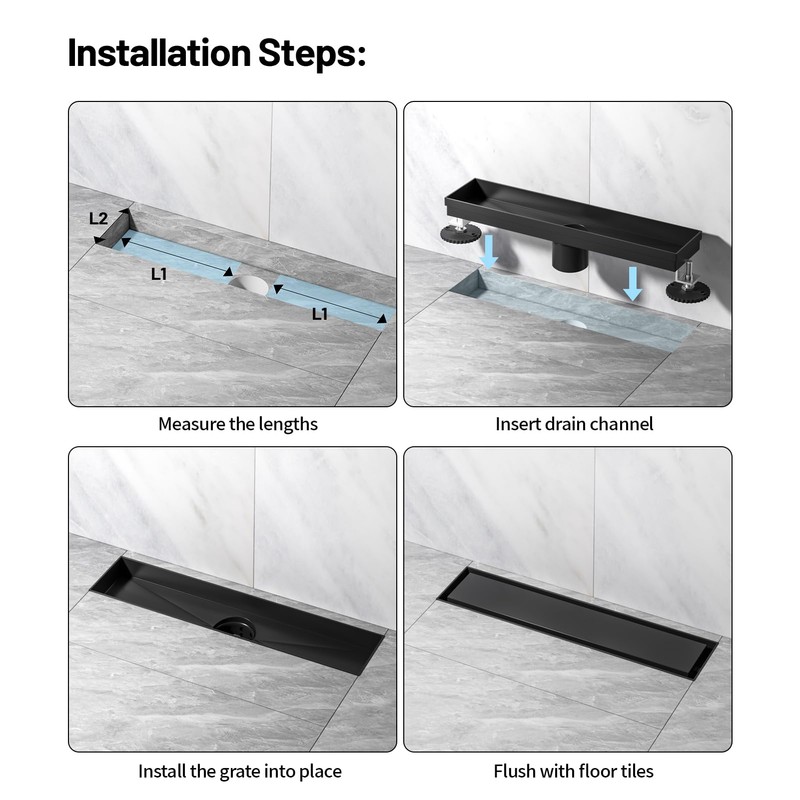 Mirravative Linear Shower Drain, 304 Stainless Steel with Adjustable Leveling