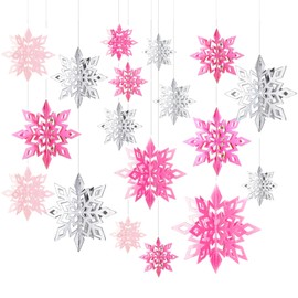 Whaline 18Pcs Christmas Hanging Decorations 3D Hollow Pink Silver Snowflake Hanging Ornaments with String Glittery Large Snowflake Pendant Garlands for Xmas Winter Wonderland Party Home Ceiling Decor