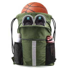 BeeGreen Moss Green Drawstring Backpack with Shoe Compartment X-Large Gym Sports String Cinch Backpack Athletic Sackpack with Front Inside Zipper Pockets