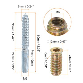 uxcell M6x60mm Hanger Bolts, 8pcs 31mm Wood Dowel Screw Self-Tapping Screw with 8pcs M6x24mm Threaded Insert Nuts Interface Hex Socket Drive, for Joint Furniture Legs