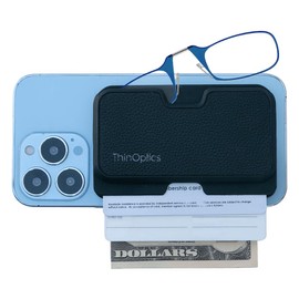 ThinOptics Readers with Wallet - Armless On-Nose Reading Glasses - Slim Wallet Attaches to Phone - MagSafe Compatible - PU Blue 2.50x