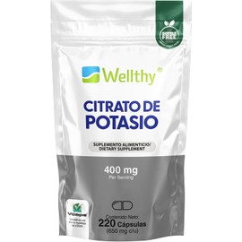 Wellthy Citrato de Potasio 220 Cápsulas 400mg. 110 Porciones por Envase, Hecho en Planta Certificada, VCaps Cápsulas Vegans, Bottle Free.