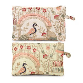 LONGING TO BUY Embroidered Cosmetic Pouch, Floral Bird Pattern, Vintage Style Makeup Bag with Zipper, Combo Pack in Multi-Color ('Cream & Light Green)