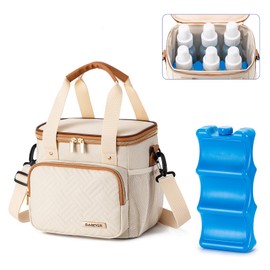 BABEYER Breastmilk Cooler Bag with Ice Pack Fits 6 Baby Bottles up to 9 Ounce, Breast Milk Pump Cooler Bag for Nursing Mom Daycare, Work, Travel-Cream