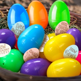 Arrowbash 30 Easter Egg Token Set Includes 30 Wooden Easter Token Fillers with Engraved Sayings and 30 Plastic Eggs Craft for Hunt Prize Basket Party Favors(Egg Shape,Cool Colors)