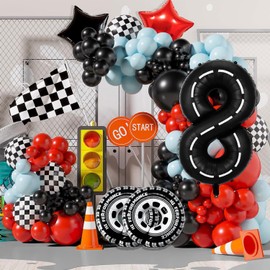 Race Car Balloons Birthday Party Decorations, Mylar Wheels Tire Balloons, Large 40 Inch Black Number 8 Balloons for 8th Boy Birthday Racing Theme Party Decor Supplies 7 Pcs