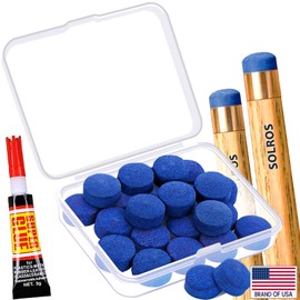 14mm Billiard Pool Cue Tips - Pool Cue Stick Tips Replacement Kit for Billiard Pool Cues Head Repair Snooker and Stick, Cue Tips with Storage Box and Glue Blue 20PCS - SOLROS