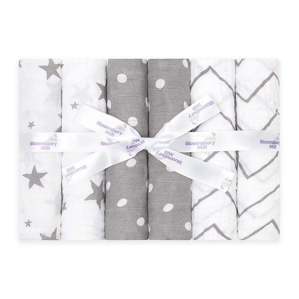 Bloomsbury Mill - Pack of 6 Super Soft Muslin Receiving Blankets - 100% Certified Organic Cotton in Gifting Ribbon Stars, Chevrons & Polka Dots Designs - Gray & White - 28" x 28"