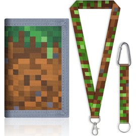 SUNDEE Children's Wallet with Lanyard for Boys and Girls, Tri-Fold Wallet with Key Ring and Zip Coin Pocket for Gifts, Original Wallet (Coffee Block), 9 coffee block