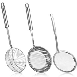 Stainless Steel Strainer Set, 3-Piece Metal Skimmer Spoon Spider Strainer Ladle Wire Sieve Large Holes Slotted Colander Fryer Scoop Fine Mesh Strainers with Handle, Food Sifter for Kitchen Cooking