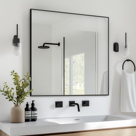 Antok Bathroom Mirror, 36"x36" Wall Mirror, Decorative Mirrors Vanity Mirror Aluminum Alloy Frame Contemporary Rectangular Hanging Mirror for Living Room Bathroom Entryway,Black,Rect Corner