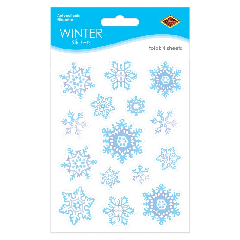 Beistle 4-Sheet Snowflake Stickers, Blue/Grey/White Winter Season Decorations, Snowy Decor