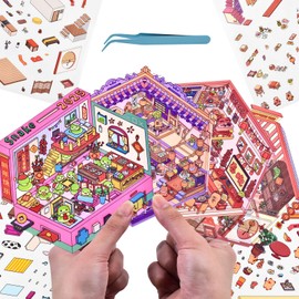 4 Sets DIY 3D Fun Mini House Scenes Stickers with Tweezers Make Your Own Chinese New Year Snake Panda Picabara Room Stickers Scenes Cute Micro Room Craft Stickers for Relief Stress Pass The Time