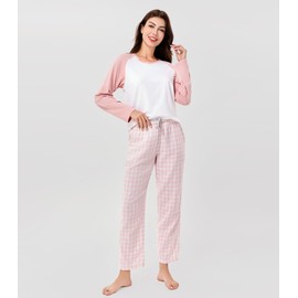 DAVID ARCHY 2 Piece 100% Cotton Pajamas Womens PJS Sets Long Sleeve and Plaid Pants Sleep Wear Set for Women Loungewear (M, White+Placid Pink)